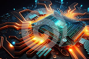 CPU chip on circuit board, processor with magic light inside computer, generative AI
