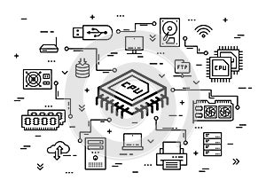 CPU chip and computer components vector illustration