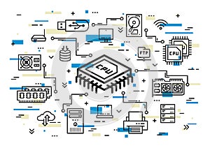 CPU chip and computer components vector illustration