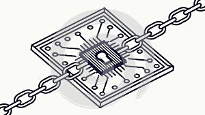 CPU Chip Connected by Chain, Blockchain & Computing, vector design Generative AI