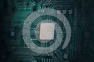 CPU chip and green motherboard with circuit lines. Tehnology concept