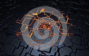 CPU chip on Motherboard. Abstract 3D render of a processor computer chip on a cicuit board