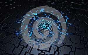 CPU chip on Motherboard. Abstract 3D render of a processor computer chip on a cicuit board