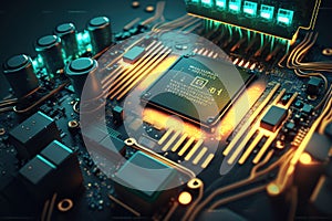 CPU chips inside computer, processor and microchips on circuit board, generative AI