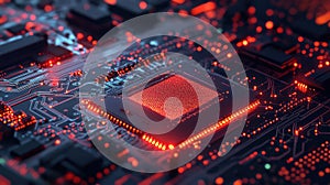 Cpu circuit board glowing red processing data concept