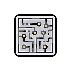 CPU, computer chip, electronic circuit, processor flat color line icon.