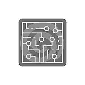 CPU, computer chip, electronic circuit, processor grey icon.