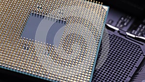 CPU Computer Chip. processor on socket on the motherboard. Technologies, nanometers electronics. bitcoin