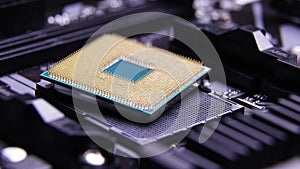 CPU Computer Chip. processor on socket on the motherboard. Technologies, nanometers electronics. bitcoin