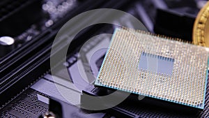 CPU Computer Chip. processor on socket on the motherboard. Technologies, nanometers electronics. bitcoin