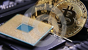 CPU Computer Chip. processor on socket on the motherboard. Technologies, nanometers electronics. bitcoin