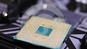 CPU Computer Chip. processor on socket on the motherboard. Technologies, nanometers electronics. bitcoin