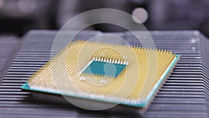 CPU Computer Chip. processor on socket on the motherboard. Technologies, nanometers electronics. bitcoin