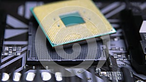 CPU Computer Chip. processor on socket on the motherboard. Technologies, nanometers electronics. bitcoin