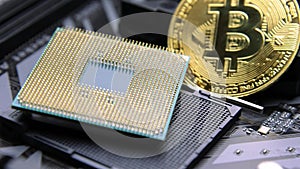 CPU Computer Chip. processor on socket on the motherboard. Technologies, nanometers electronics. bitcoin