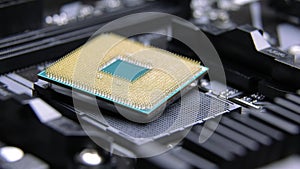 CPU Computer Chip. processor on socket on the motherboard. Technologies, nanometers electronics. bitcoin