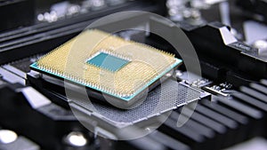 CPU Computer Chip. processor on socket on the motherboard. Technologies, nanometers electronics. bitcoin