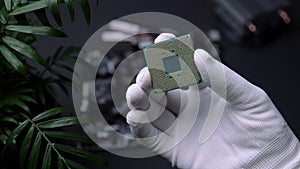 CPU Computer Chip. processor on socket on the motherboard. Technologies, nanometers electronics. bitcoin