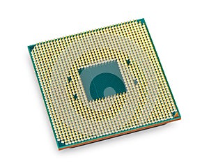 CPU computer micro processor with golden pins isolated white background. PC hardware microchip technology concept