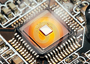 The CPU computer processor unit chipset overheats and burns in the socket on the computer motherboard