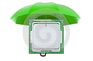 CPU computer processor unit under umbrella. Security and protection concept, 3D rendering