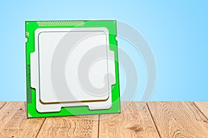 CPU computer processor unit on the wooden planks, 3D rendering