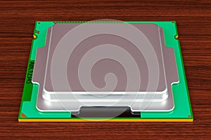 CPU computer processor unit on the wooden table. 3D rendering