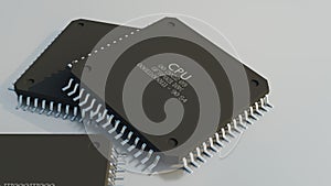CPU computer processors lying on white flat surface. Side view. 3D Rendering.