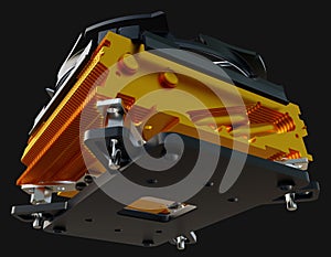 CPU cooler with the copper finned heat-sink and the fan. 3d rendering