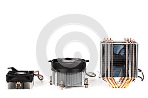 cpu cooler evolution for 10 years - three untis standing isolated on white background