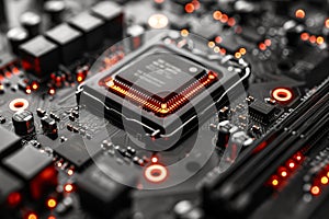 CPU and electronic components with red glow