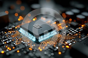 CPU Glows Blue with Digital Data Streams on Circuit Board