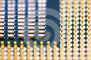 Cpu gold pins and chip, microchip processor legs computer component technology. Macro photography Central processing unit - comput