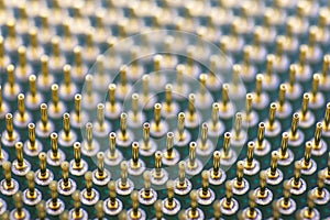 Cpu gold pins microchip processor legs computer component technology. Macro photography Central processing unit - computing
