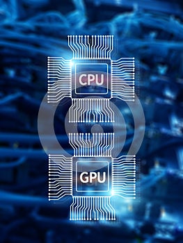 CPU and GPU Processor Chip over digital datacenter background