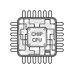 Cpu icon. Chip in line style. Microchip with circuit for processor. Outline logo of digital microprocessor. Engineering of