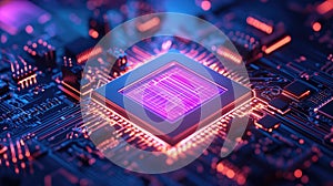 Cpu microchip processing data on illuminated circuit board