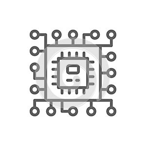 CPU microprocessor, computer chip line icon.