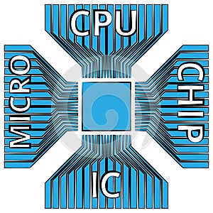 Cpu, Microprocessor, Microchip, Circuit board. Flat Icon. Symbol with text on blue background. Vector Illustration.