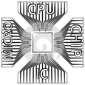 Cpu, Microprocessor, Microchip, Circuit board. Flat Icon. Symbol with text on white background. Vector Illustration.