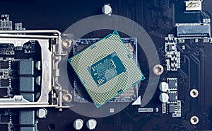 CPU microprocessor on socket of the motherboard. Concept of Computer technology and hardware maintenance repair, microprocessor