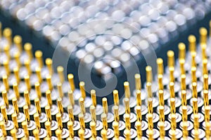 Cpu pins and chip, microchip processor legs computer component technology. Macro photography