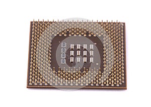 cpu pins up the back glisten on a white background . isolated