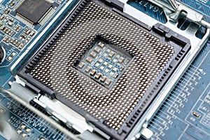 CPU placed on the socket of the motherboard. Place for the processor.