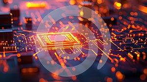 Cpu processing big data on glowing circuit board