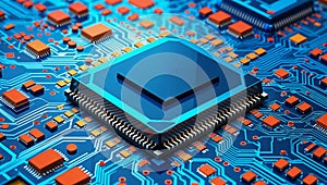 Cpu processing data on blue circuit board, futuristic technology