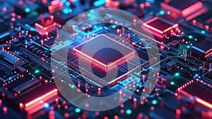 Cpu processing data on glowing circuit board