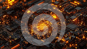 Cpu processing data on motherboard with orange lights