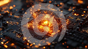 Cpu processing data with sparks and glowing circuits