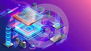 CPU processor chip on circuit board. Blockchain concept. Cpu mines cryptocurrency. Banking Blockchain Fintech.